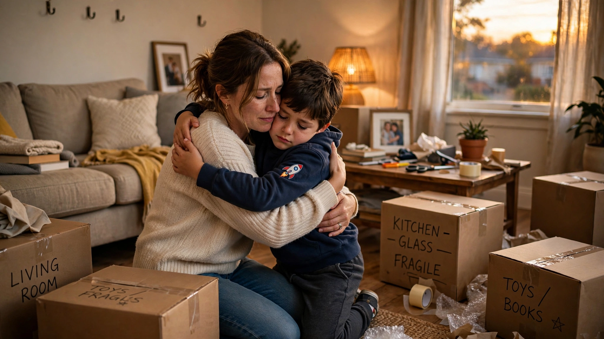 Mother hugging her young son in an emotional farewell