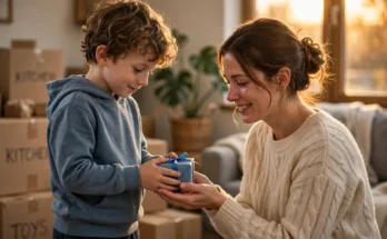 Small boy giving his mom a heartfelt farewell gift