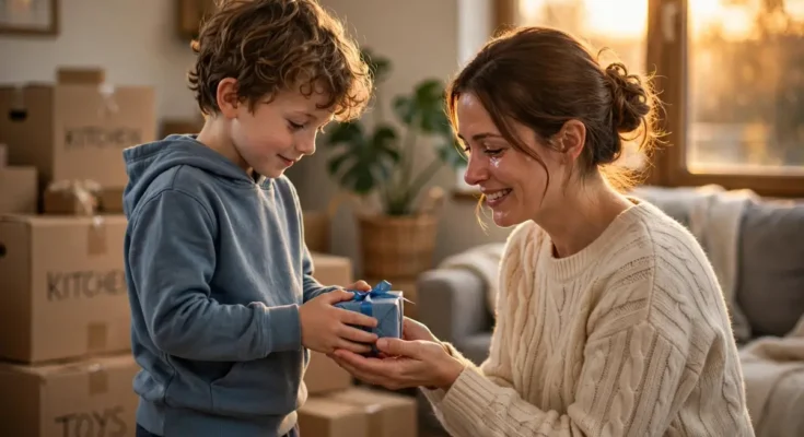 Small boy giving his mom a heartfelt farewell gift