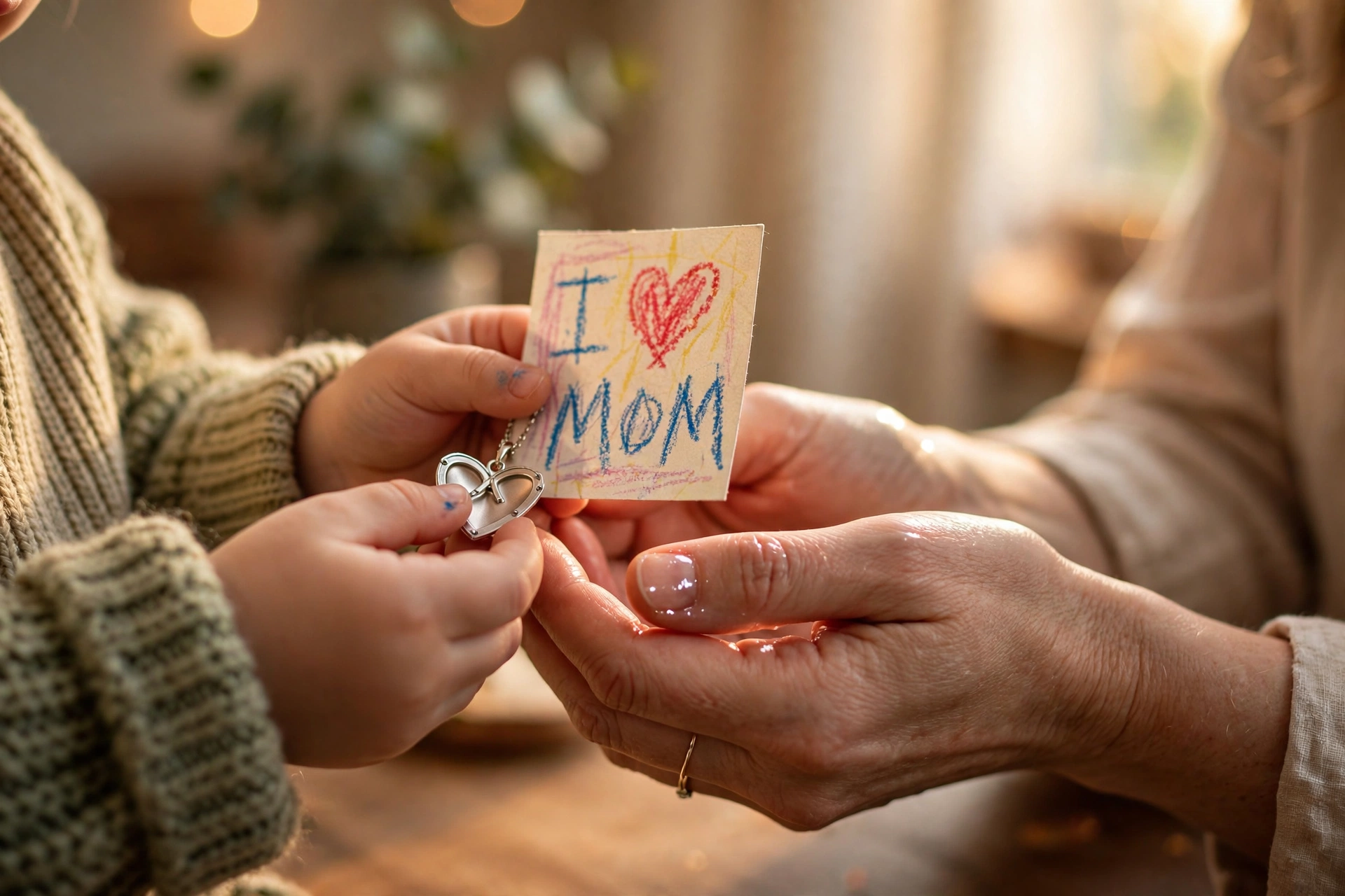 Child's small hands giving a handmade gift to his mother