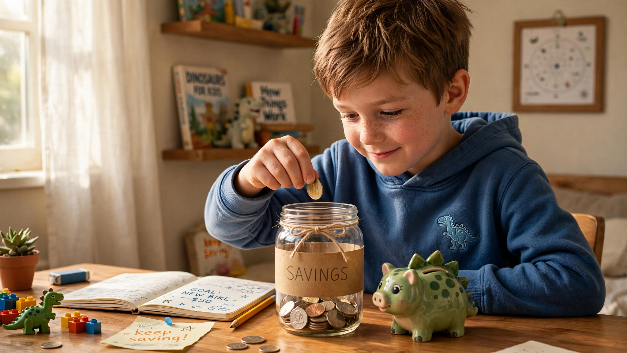 Little boy saving coins in a glass jar for his mom's gift