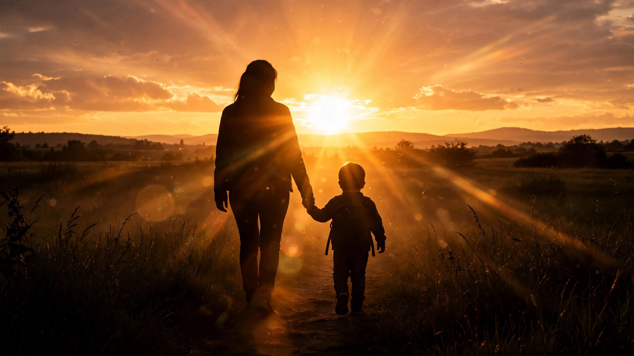 Mother and child walking into the sunset together