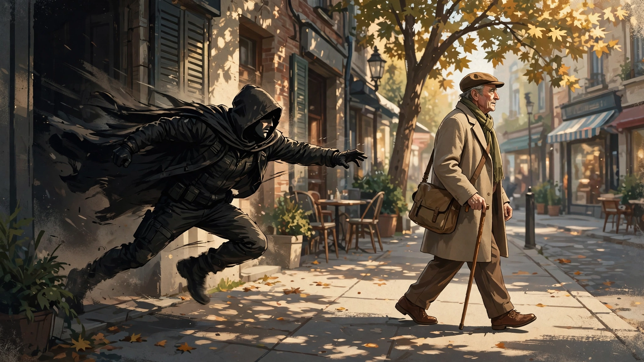 Illustration of a viral clip scene on a quiet sidewalk