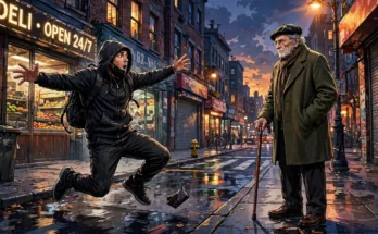 Stylized illustration of a robber getting instant karma after attacking an elderly man