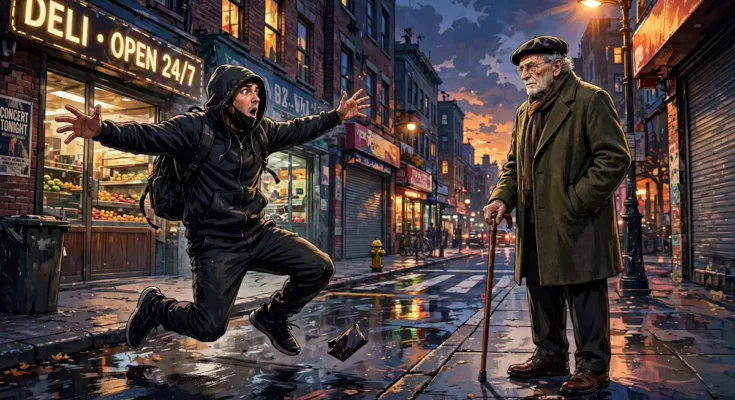 Stylized illustration of a robber getting instant karma after attacking an elderly man