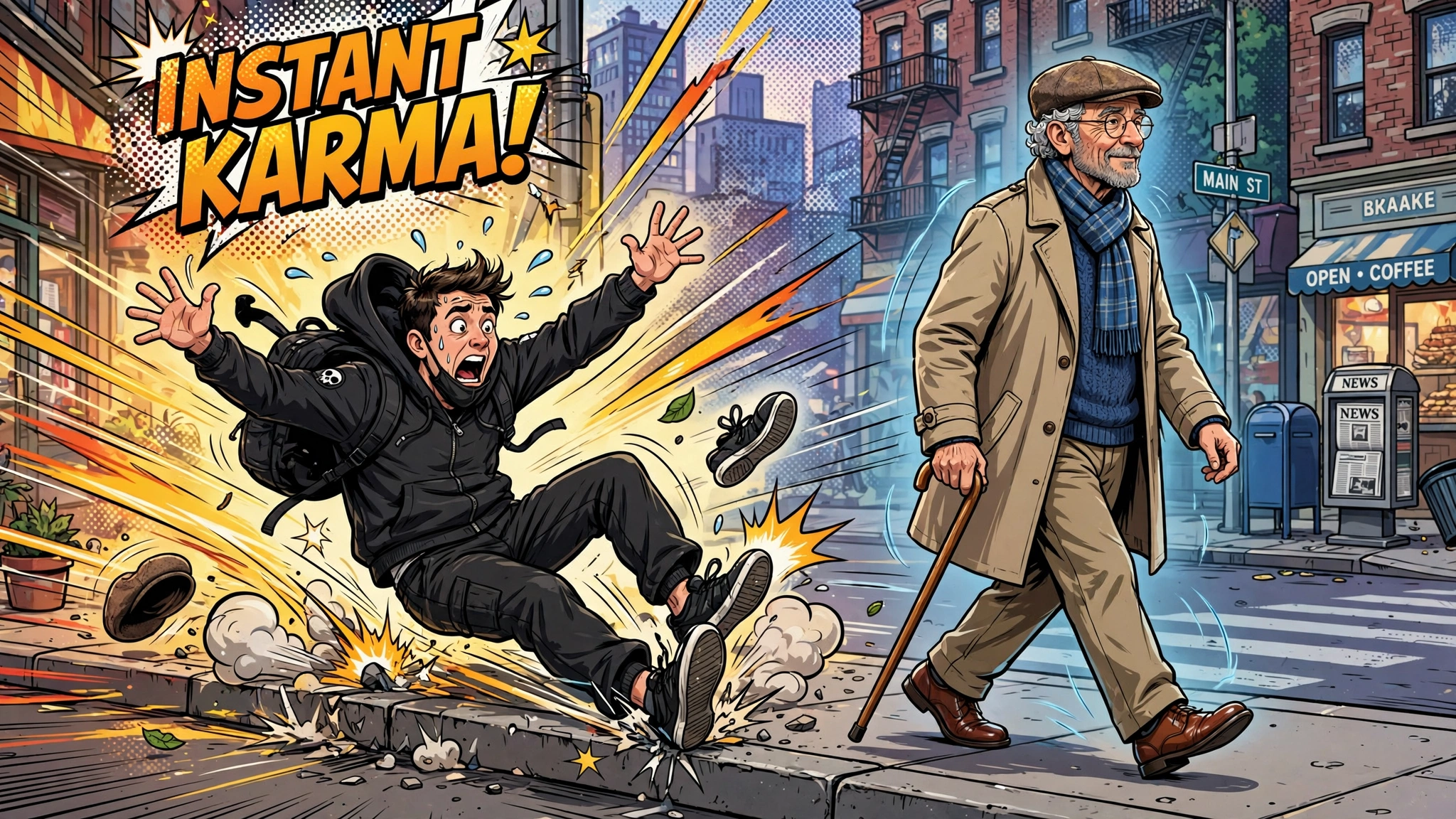 Illustration of the instant karma moment as the attacker stumbles