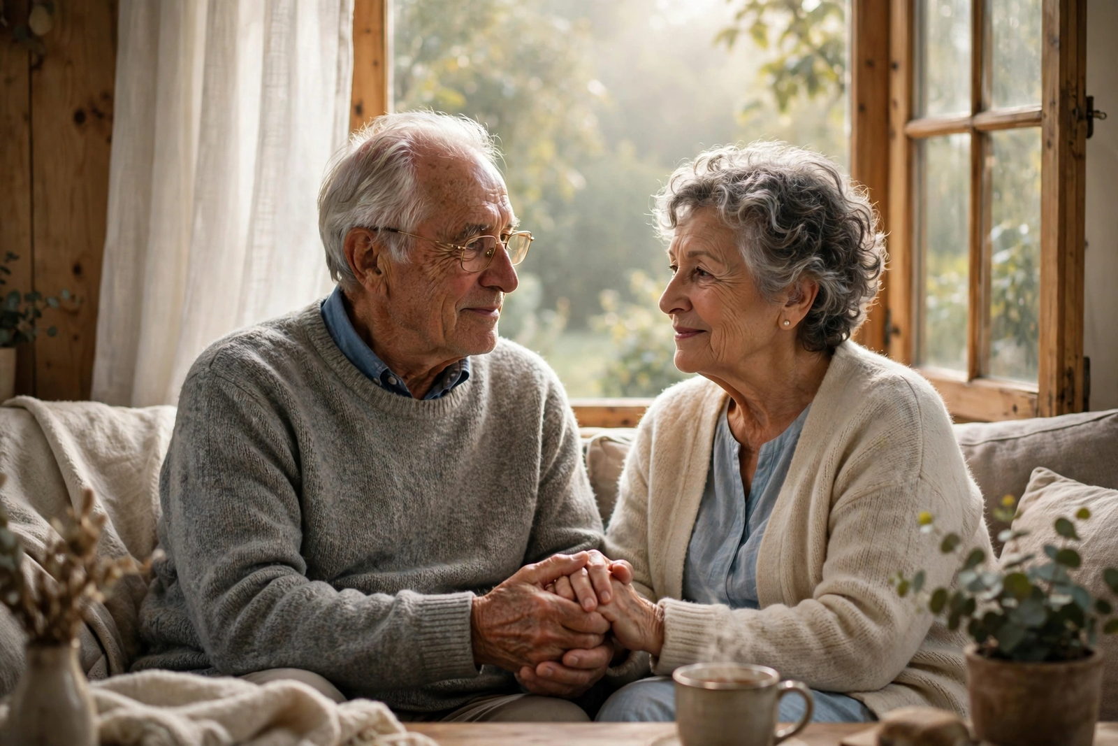 Elderly couple holding hands together at home