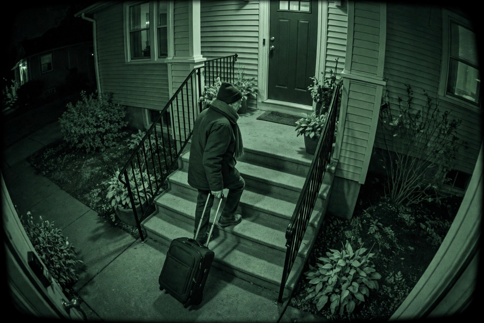 Doorbell camera view of elderly delivery man carrying luggage up stairs