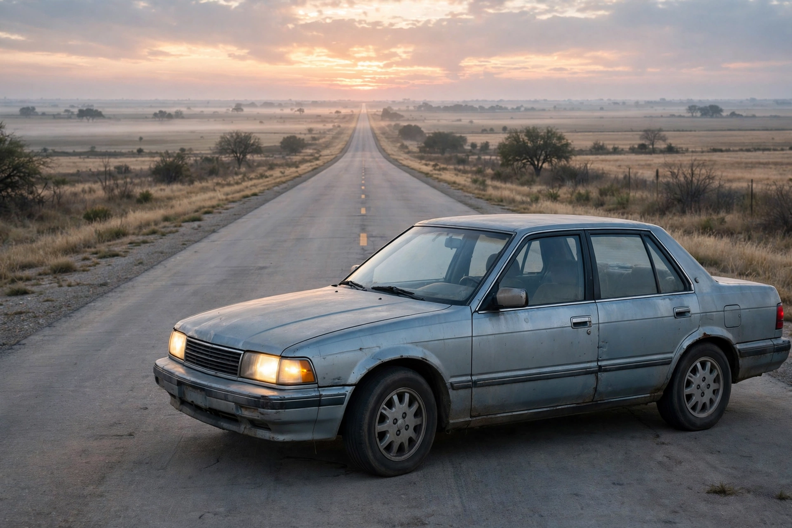 Old car driving long highway miles at dawn