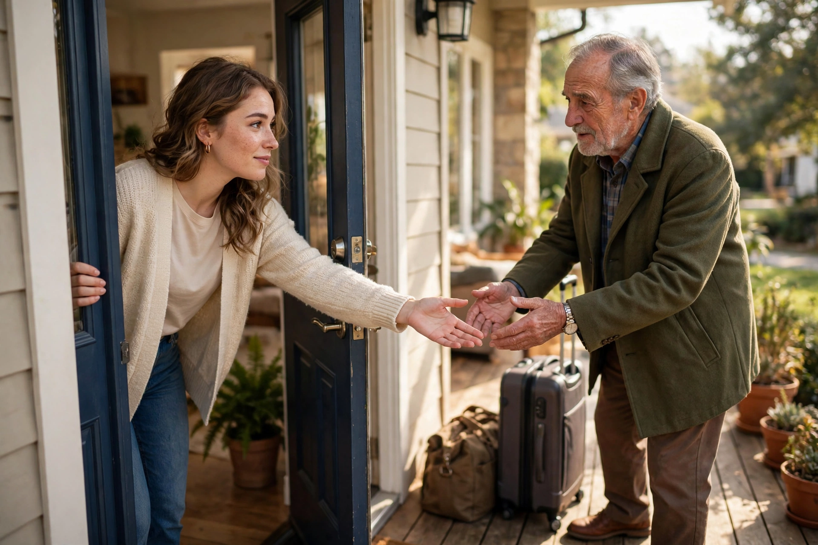 Woman helping elderly man with luggage at her front door