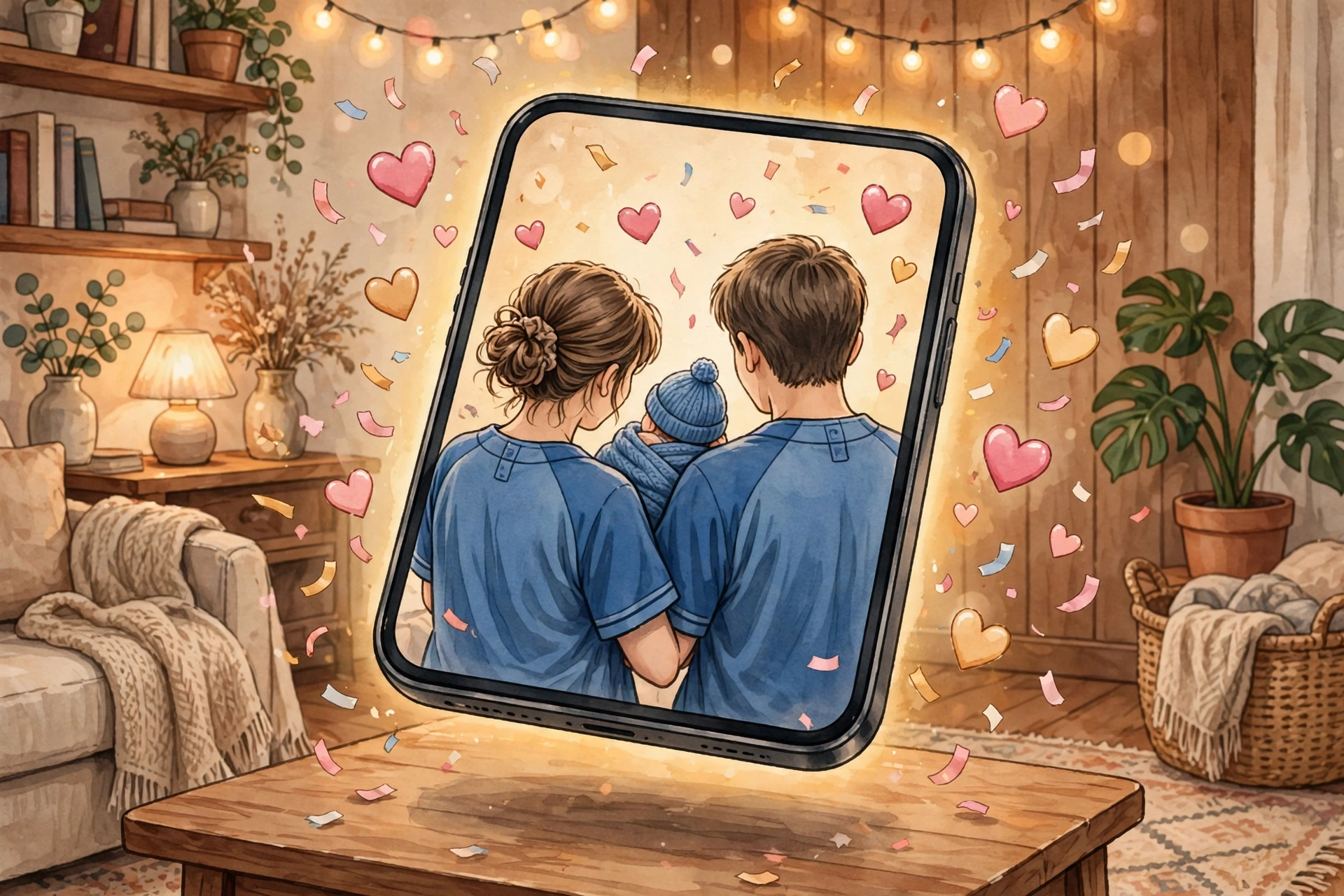 Stylized illustration of Dylan Sprouse and Barbara Palvin's viral Instagram baby announcement, matching blue baseball jerseys, floating heart reactions