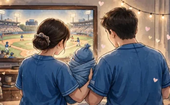 Dylan Sprouse and Barbara Palvin holding their newborn baby girl, all wearing blue baseball jerseys, watching a game on TV — stylized illustration