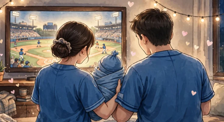 Dylan Sprouse and Barbara Palvin holding their newborn baby girl, all wearing blue baseball jerseys, watching a game on TV — stylized illustration