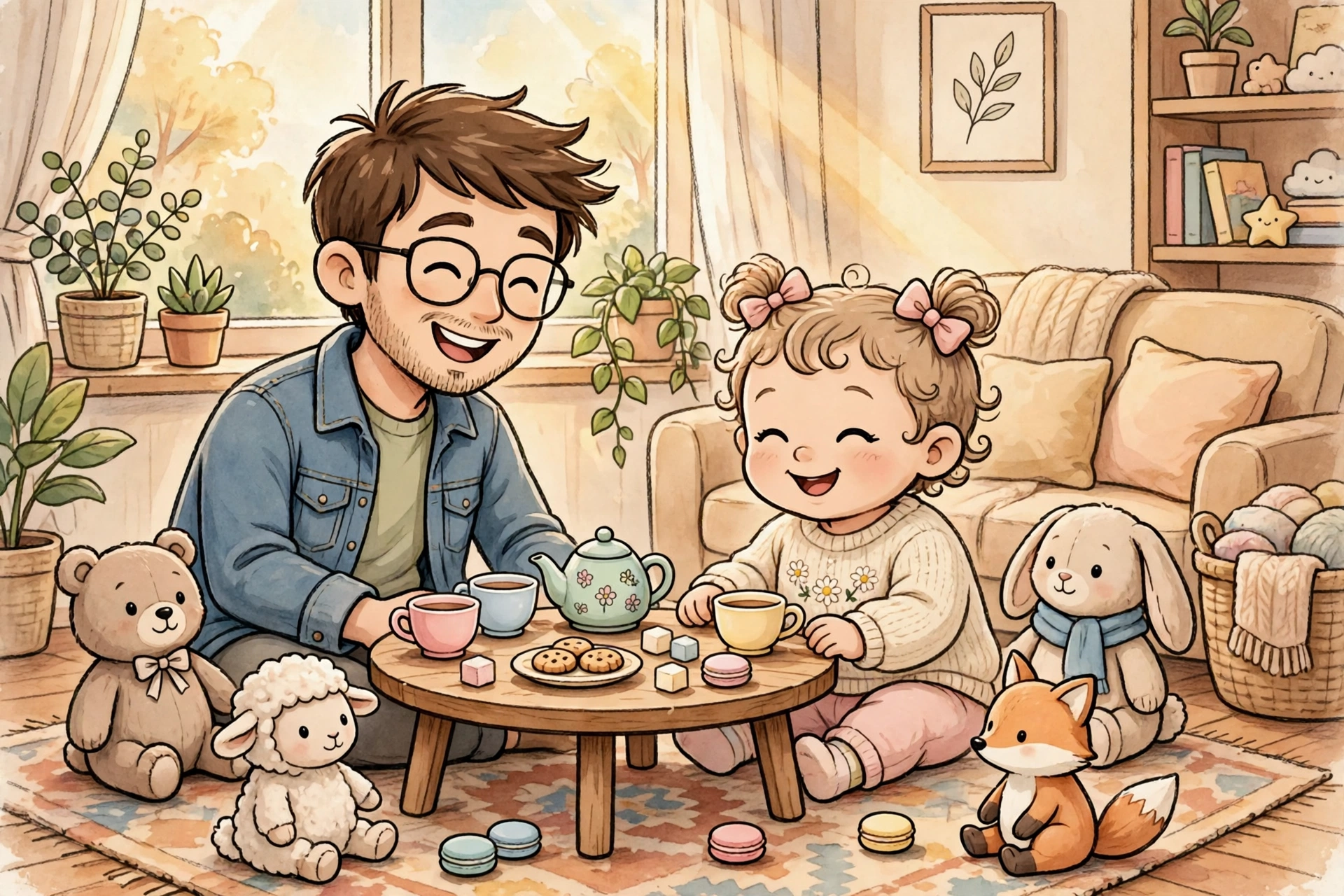 Illustration of a father having a tiny tea party with his baby daughter — Dylan Sprouse's girl-dad era
