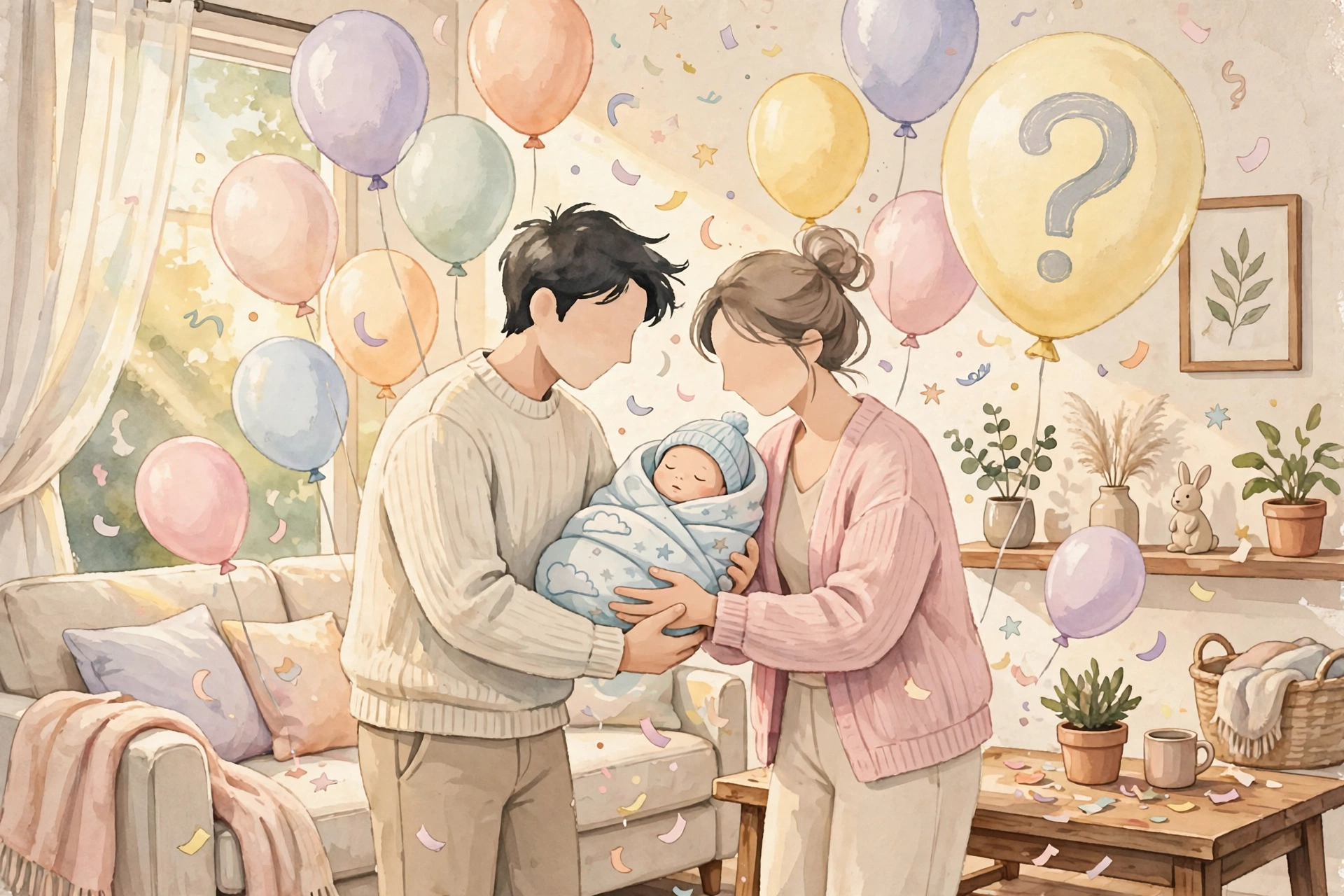 Illustration of a family celebration with a question-mark balloon as fans await the baby's name reveal