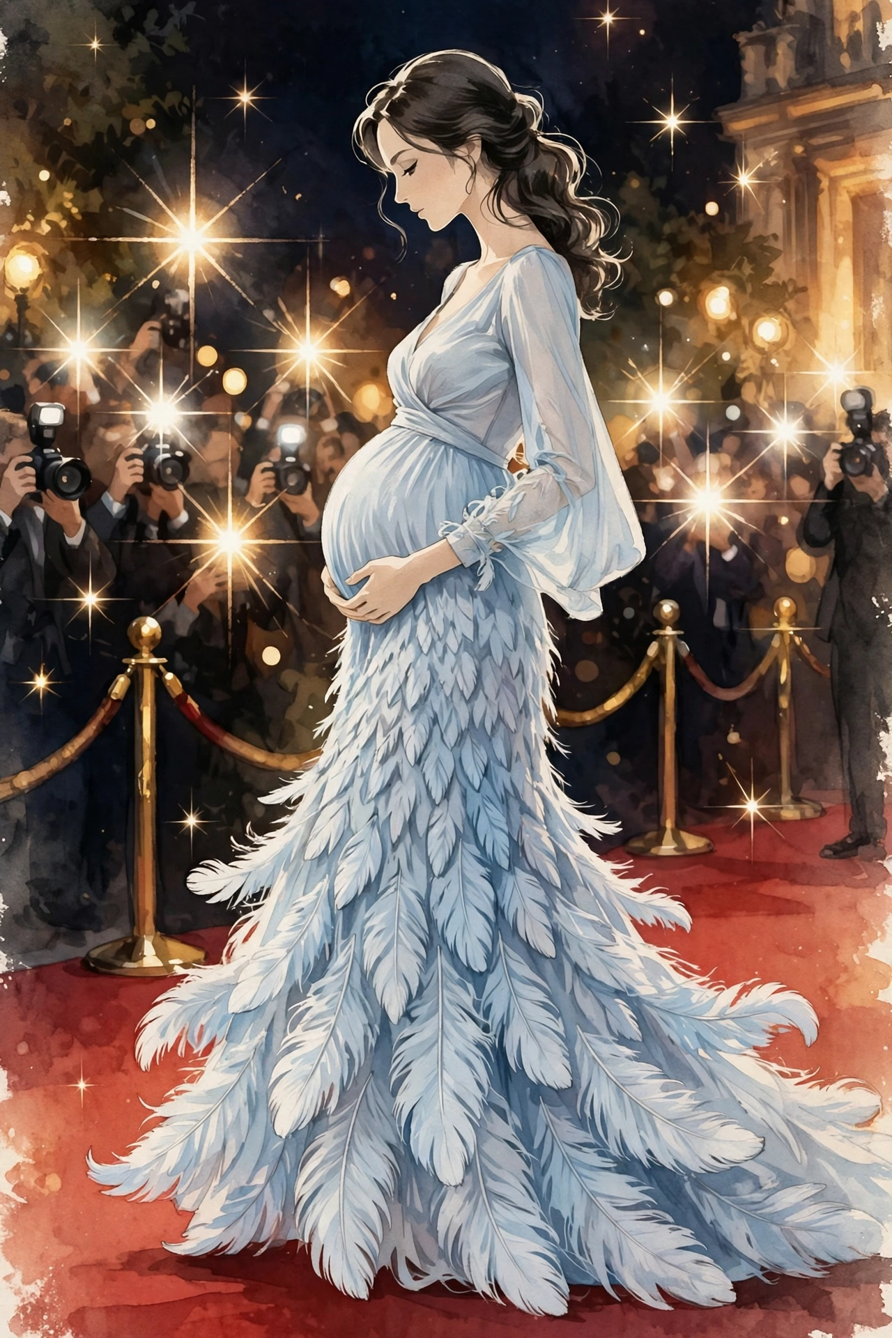 Illustration of Barbara Palvin's baby bump debut on the Cannes red carpet in a flowing light-blue gown
