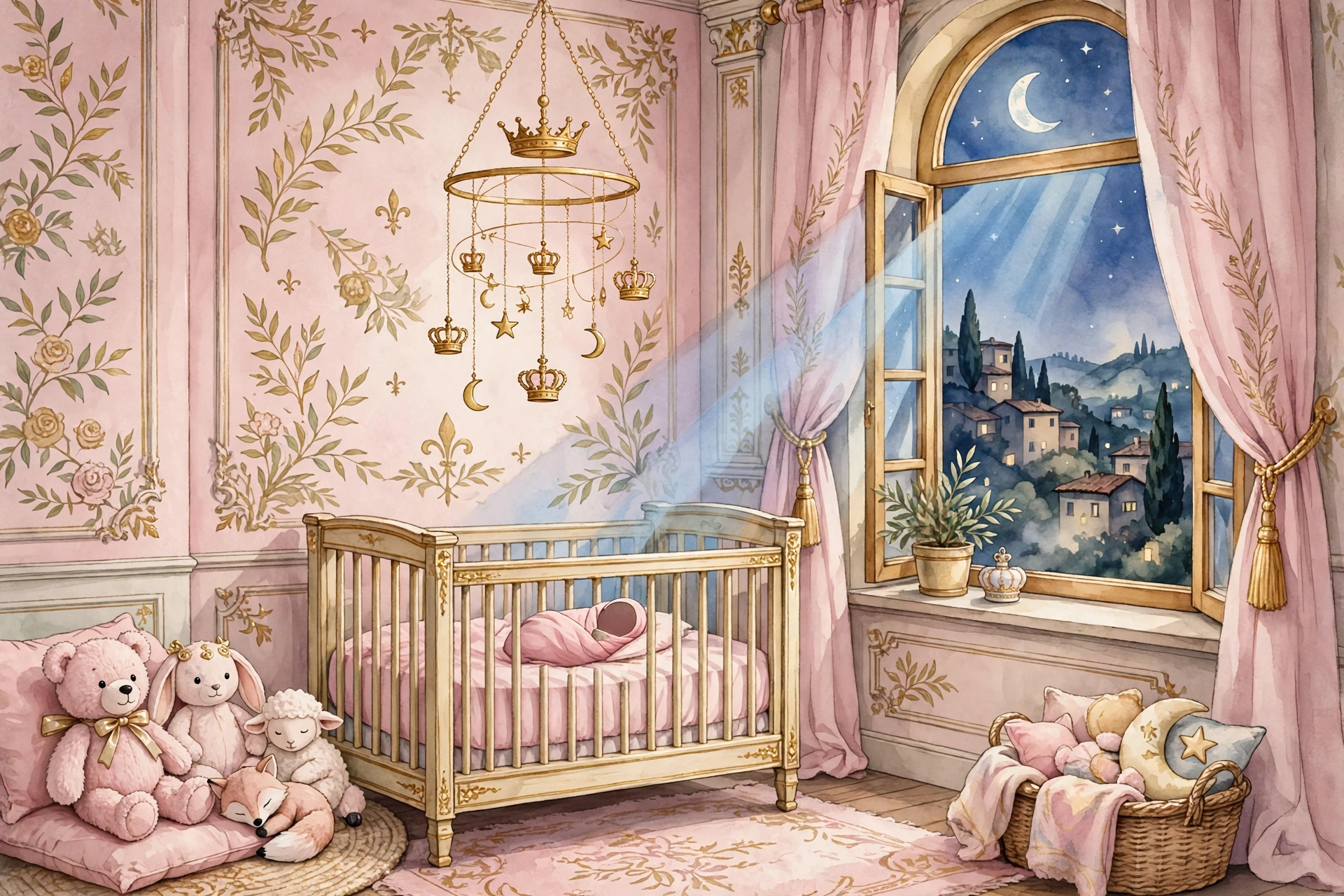 Dreamy nursery illustration with a golden crown mobile above a crib — baby 'principessa' nickname theme