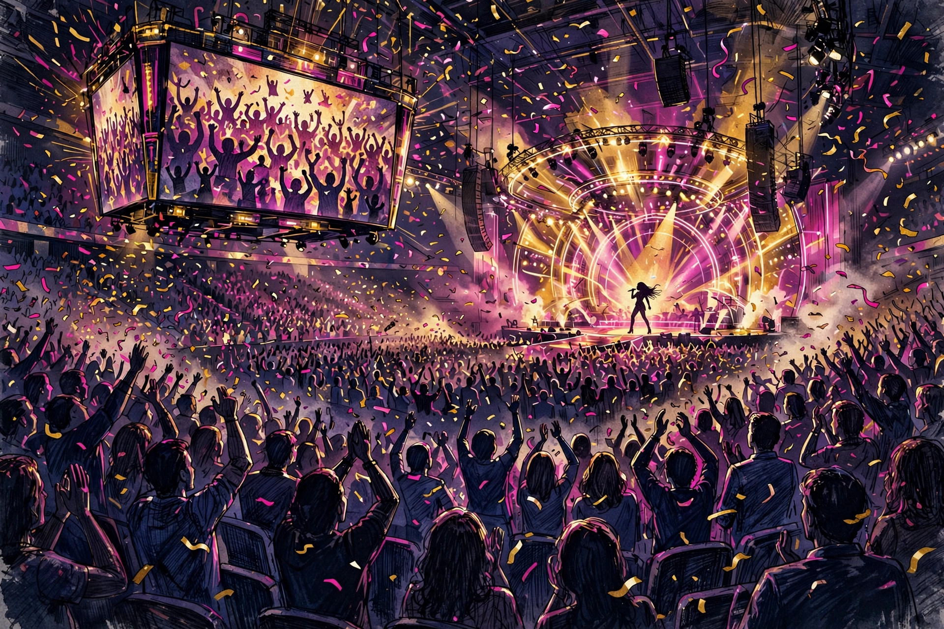 Packed arena crowd at the VMAs 2026 with confetti falling