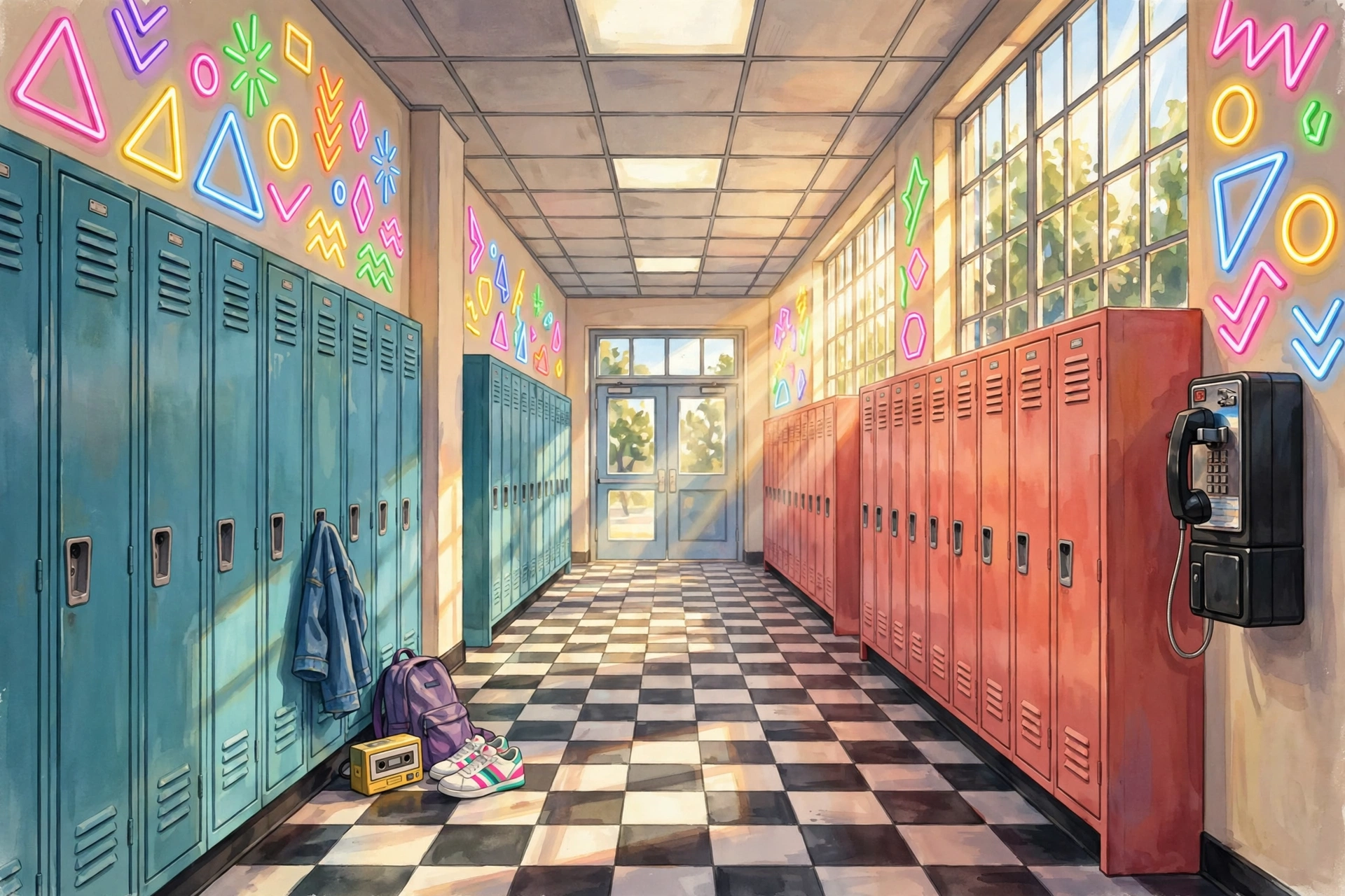 Colorful 1990s high school locker corridor with neon accents capturing the Saved by the Bell era