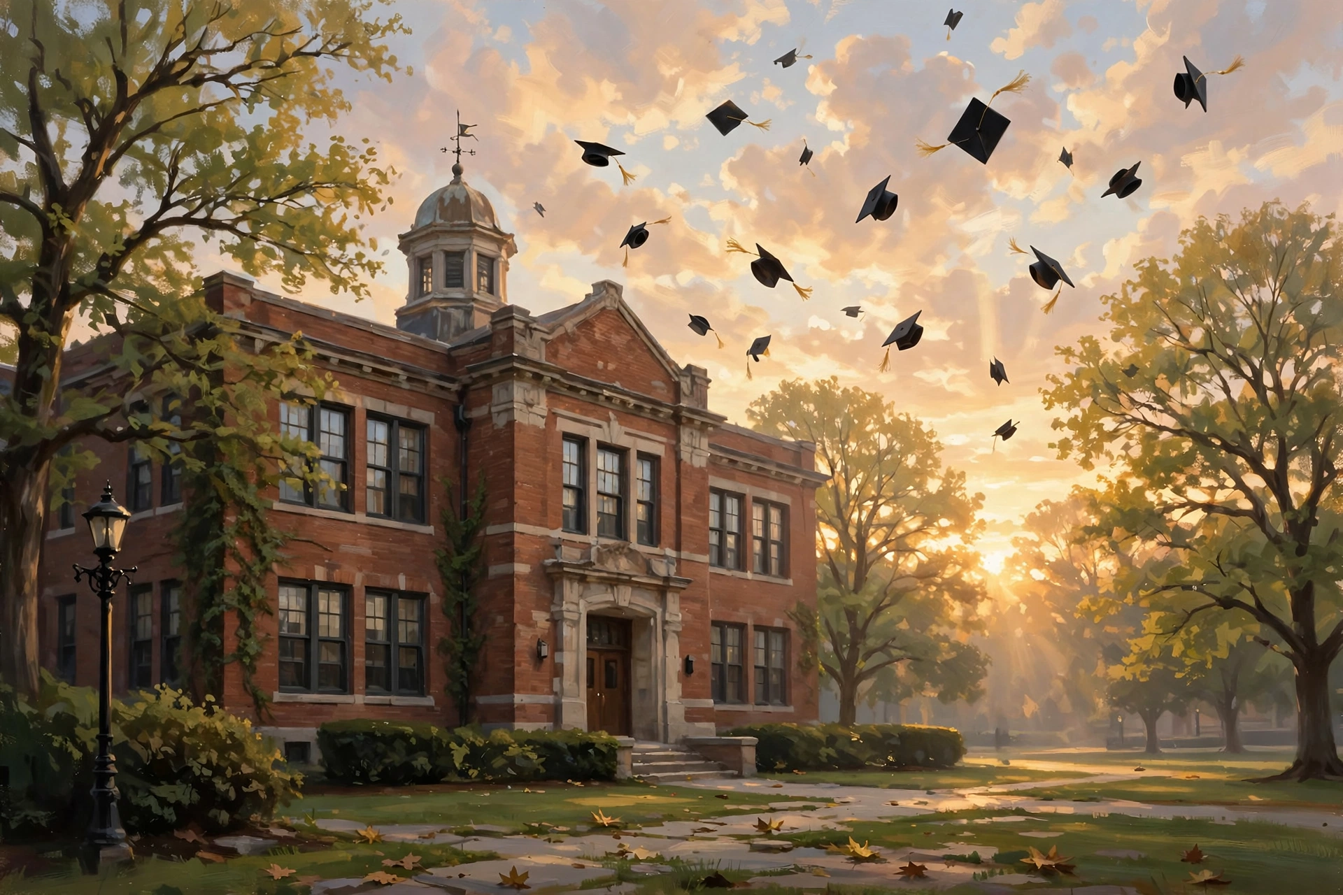 Sunrise over a classic American high school building with graduation caps in the air, a hopeful farewell