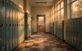 Tribute illustration of a nostalgic 1990s high school hallway honoring Dennis Haskins, TV's Mr. Belding