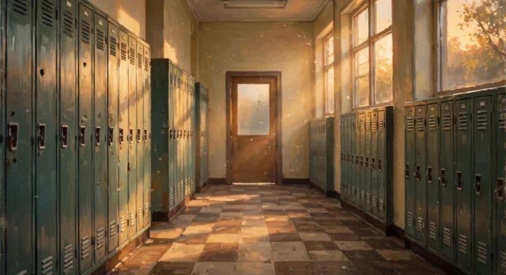 Tribute illustration of a nostalgic 1990s high school hallway honoring Dennis Haskins, TV's Mr. Belding