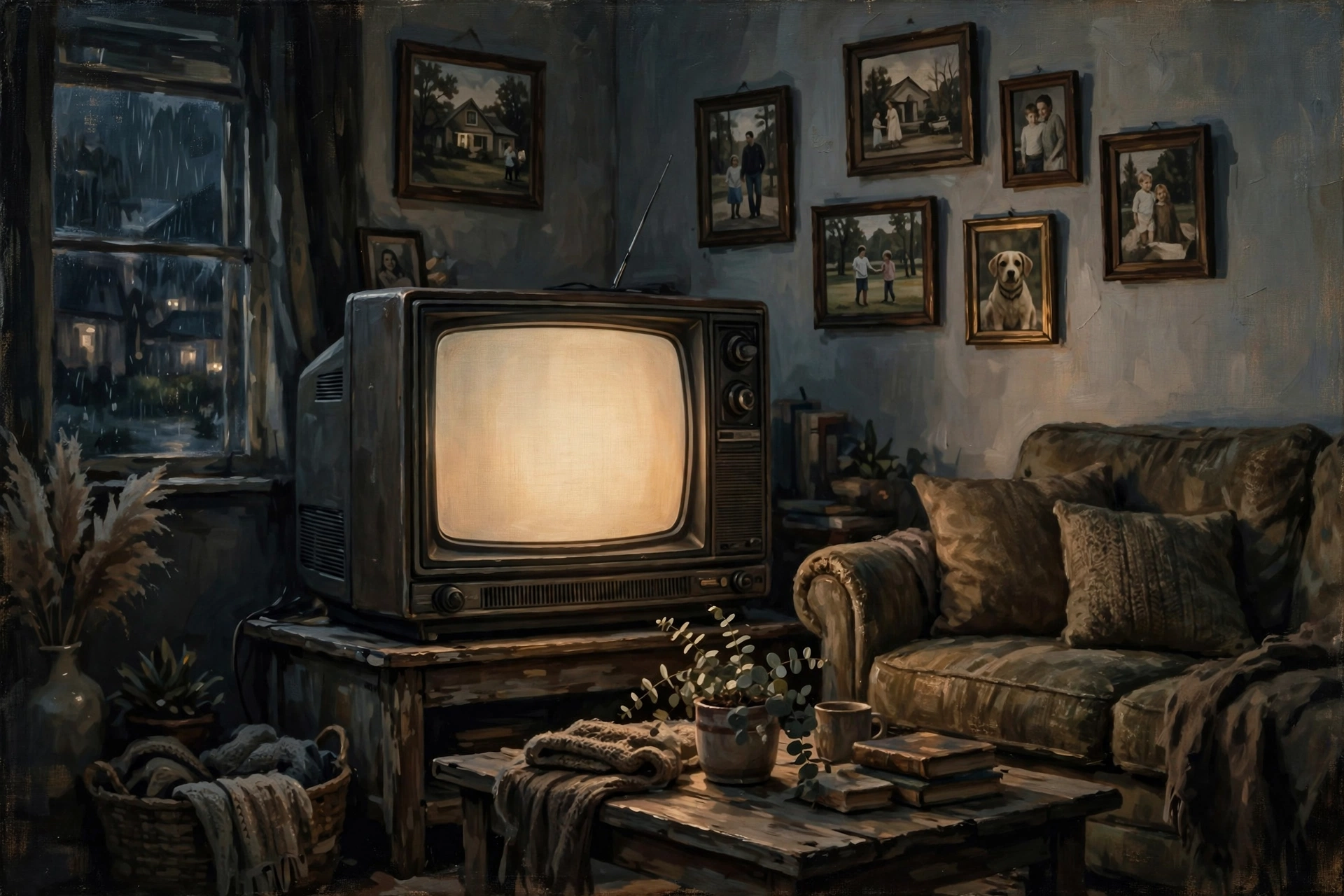 Vintage television in a cozy living room glowing softly, symbolizing the breaking news of Dennis Haskins' death