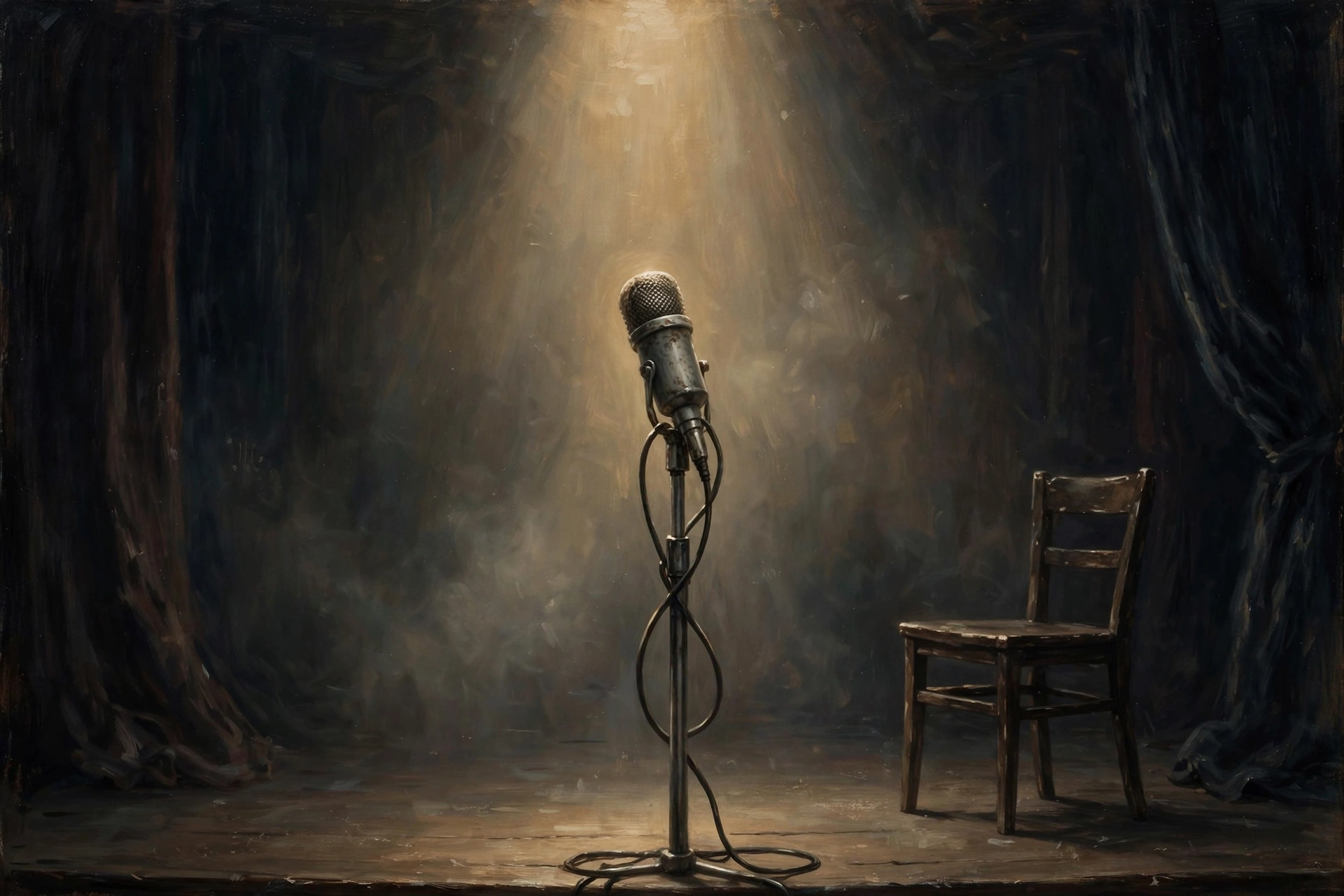 A lone karaoke microphone on a dimly lit stage under a warm spotlight, a nod to Haskins' beloved karaoke nights