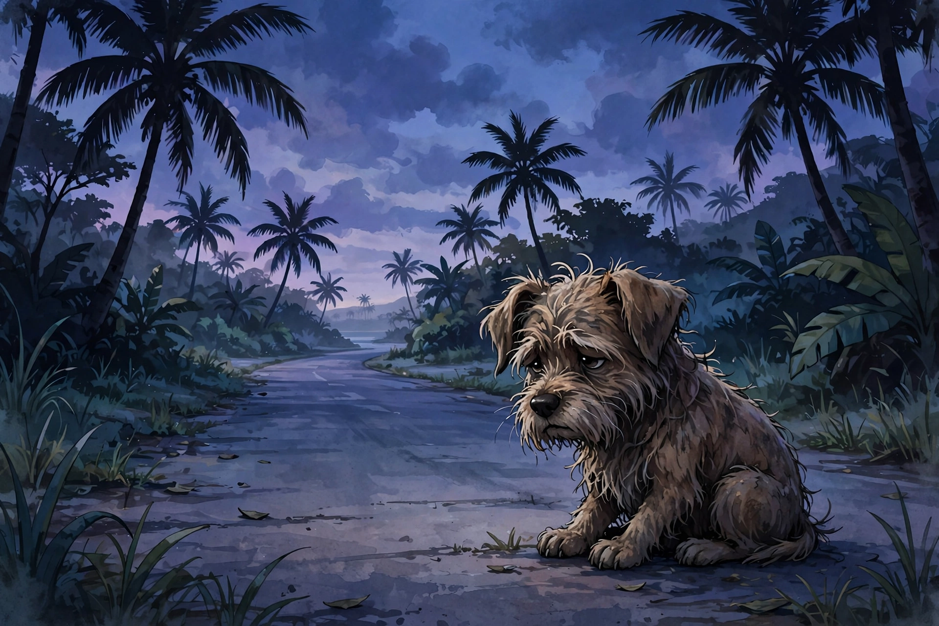 A sad, scruffy little dog sitting alone on a quiet tropical road at dusk