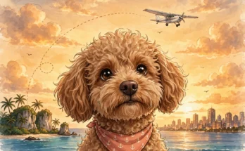 Heartwarming illustration of Mort the rescued Saipan dog looking up hopefully, with an airplane flying across a warm sky