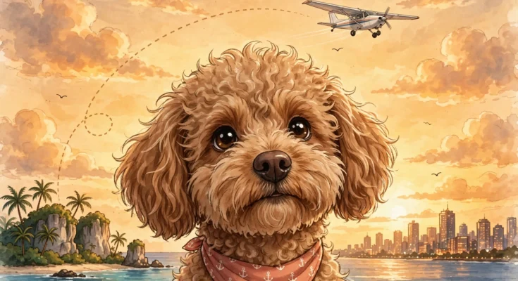 Heartwarming illustration of Mort the rescued Saipan dog looking up hopefully, with an airplane flying across a warm sky