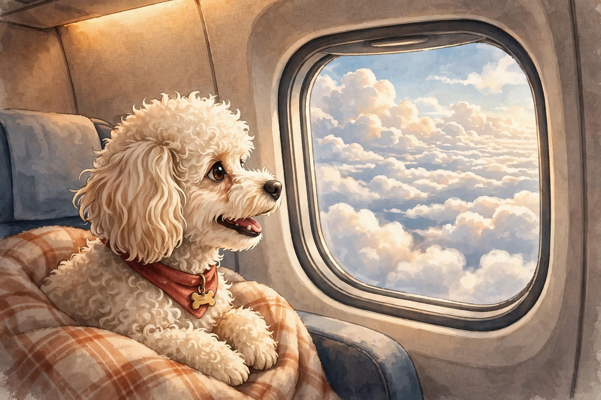 A small happy dog looking out of an airplane window at the clouds, flying toward a new home