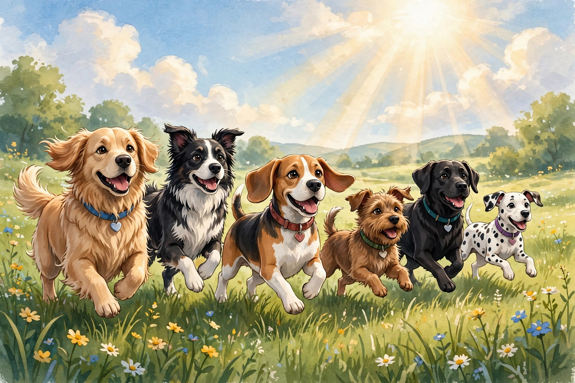 A pack of happy rescued dogs running together on green grass under a bright hopeful sky