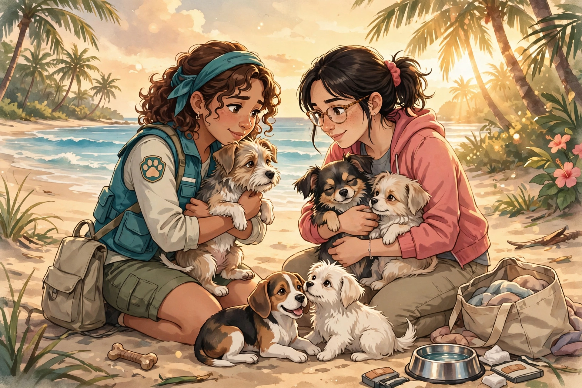 Two young women rescuers cuddling small rescued dogs at golden hour on a beach