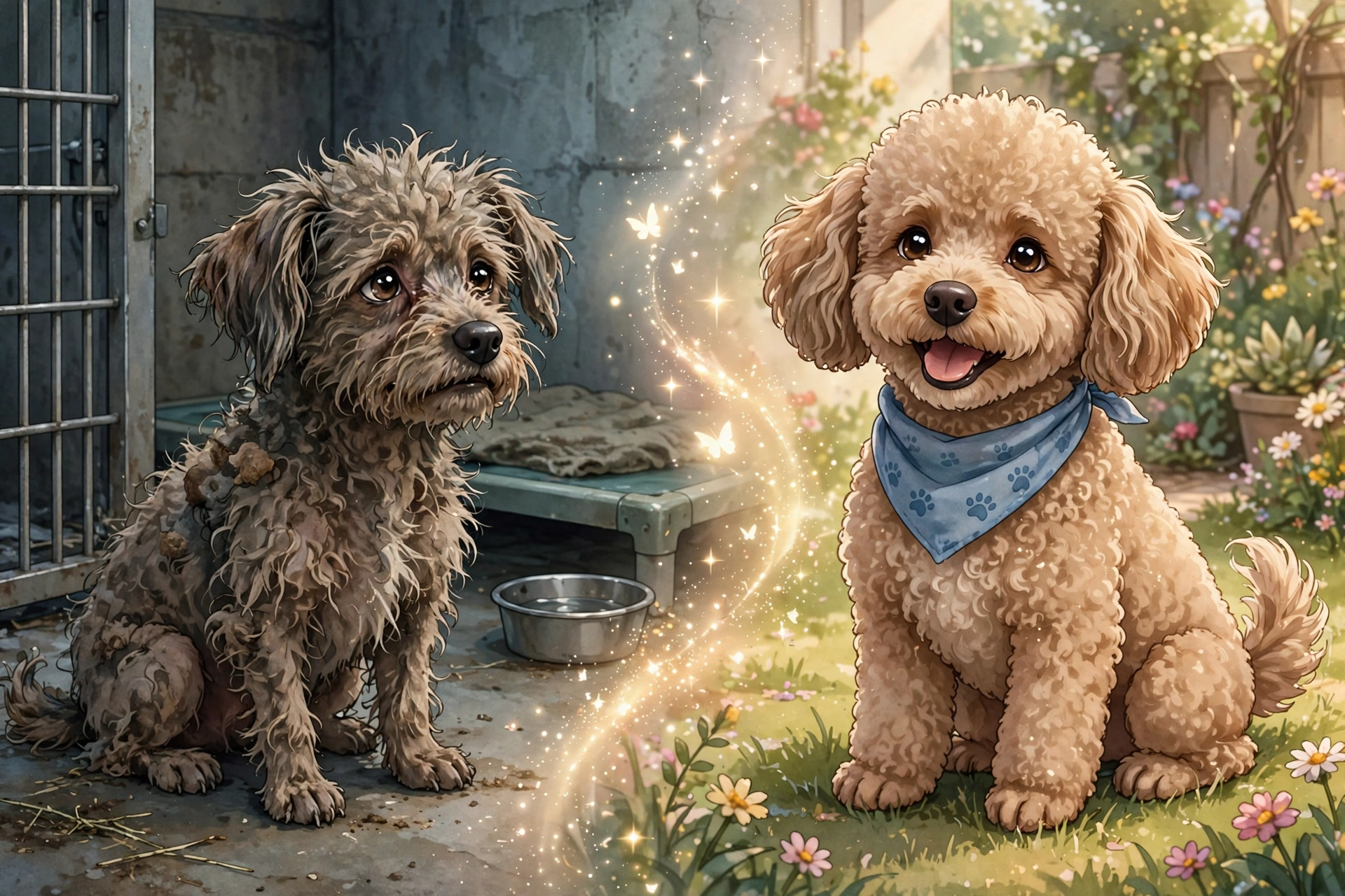 Side-by-side style illustration of Mort the rescue dog transforming from scruffy stray to fluffy groomed poodle mix