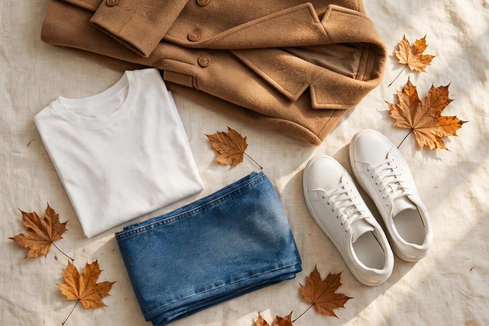 1. The Camel Coat + White Tee Uniform