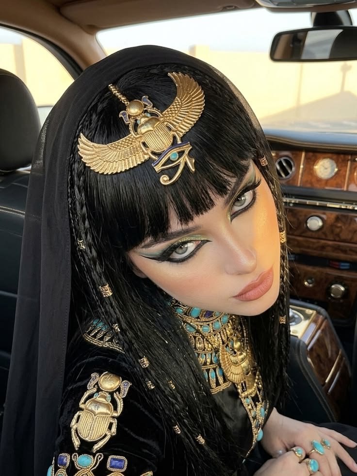 Finish with the gold headpiece styling (no wig required)